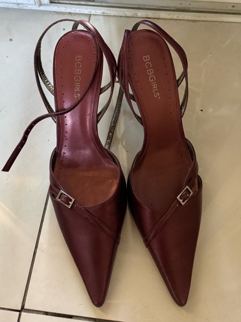 BCBGirls Burgundy Pointed Slingback Heels with Buckle